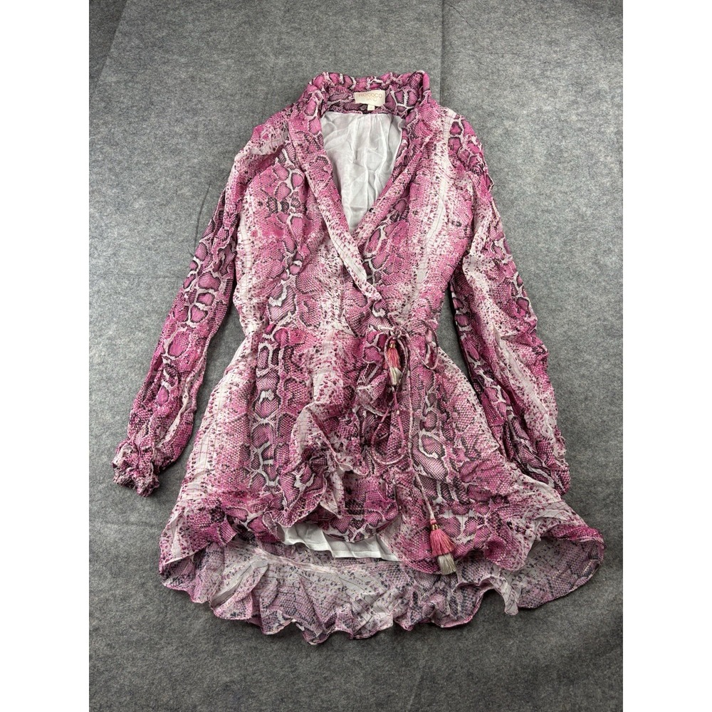 Rocco Sand Lexi Pink Snake Print Chiffon Sexy Resort Mini Wrap Dress Women's‎ L